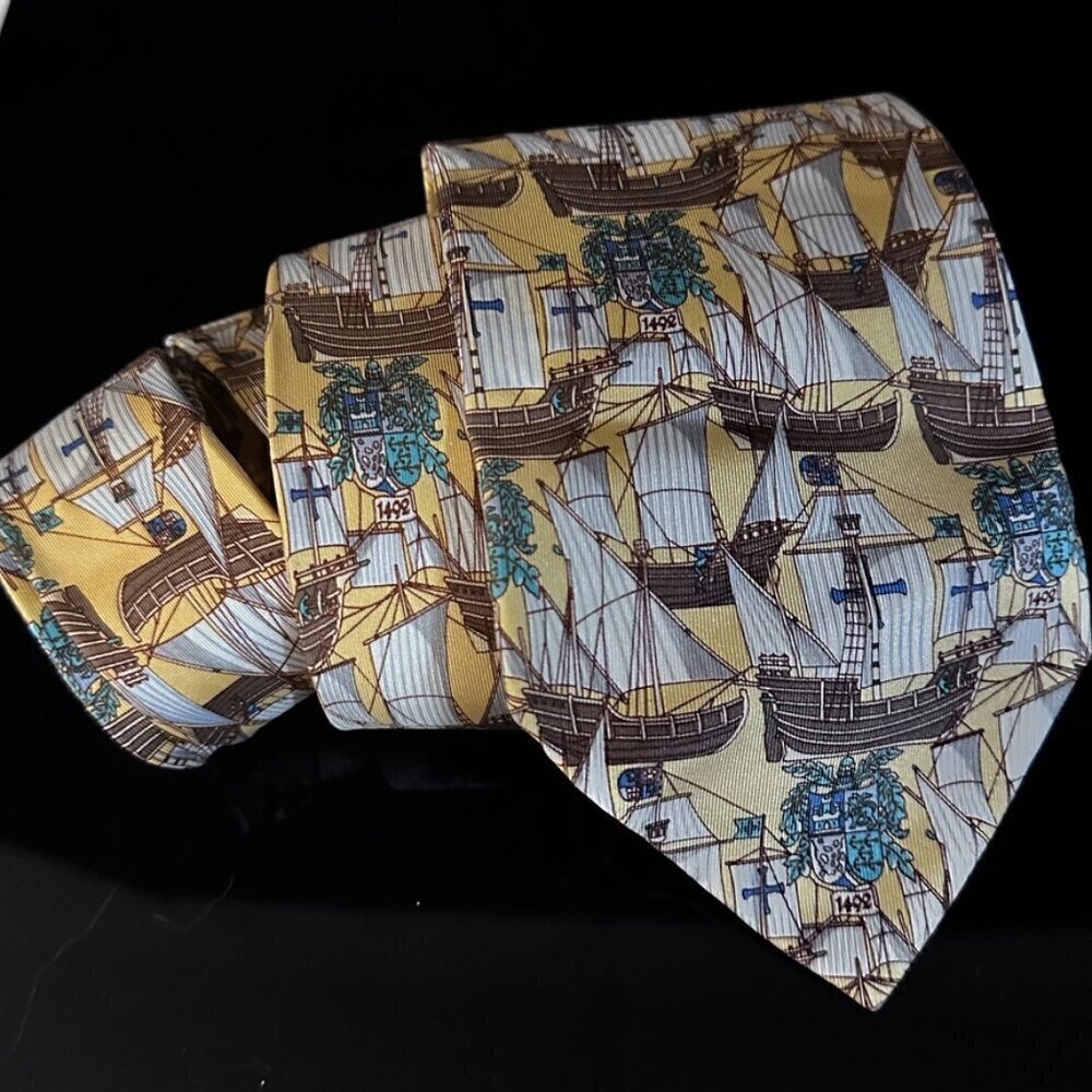 Gucci Gold Silk Tie Link Chain EUC Neckwear Ship Ships Sailboat Brown Yacht - Picture 3 of 5